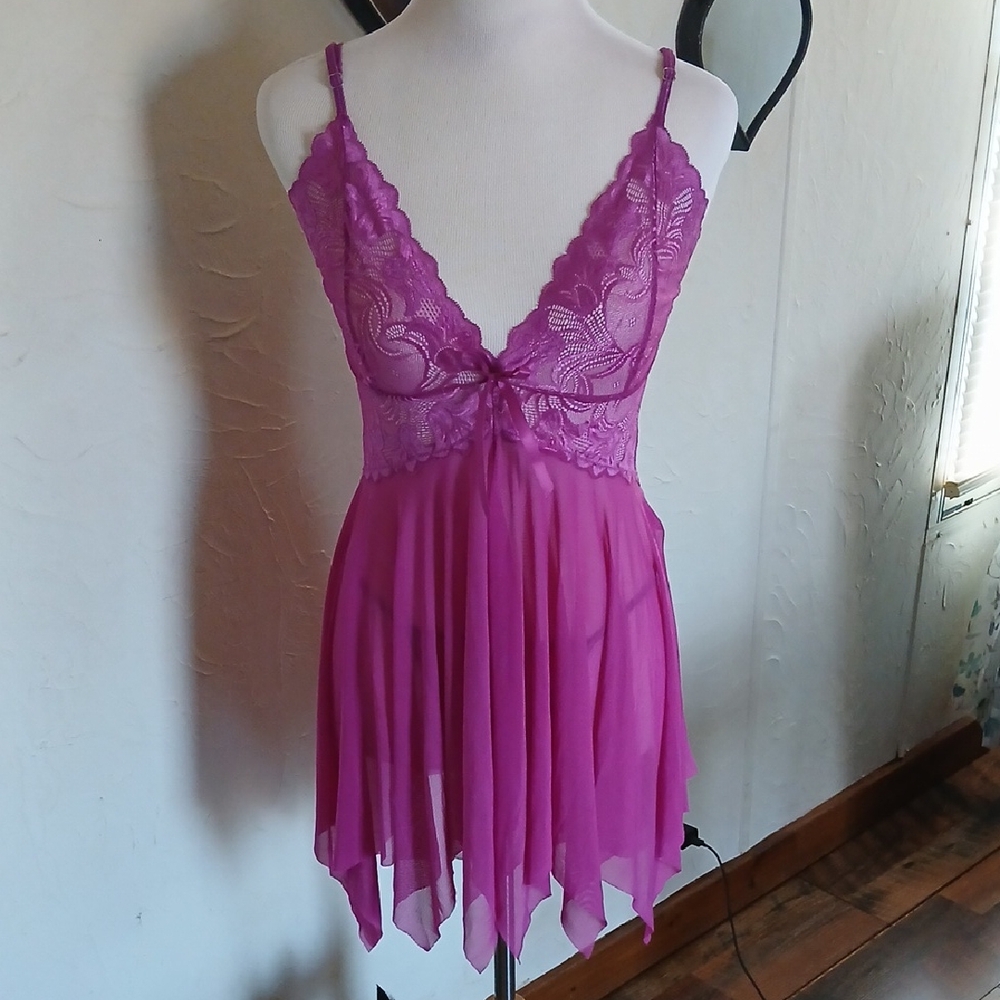 Elegant Purple Lace Chemise With Matching Thong Panty